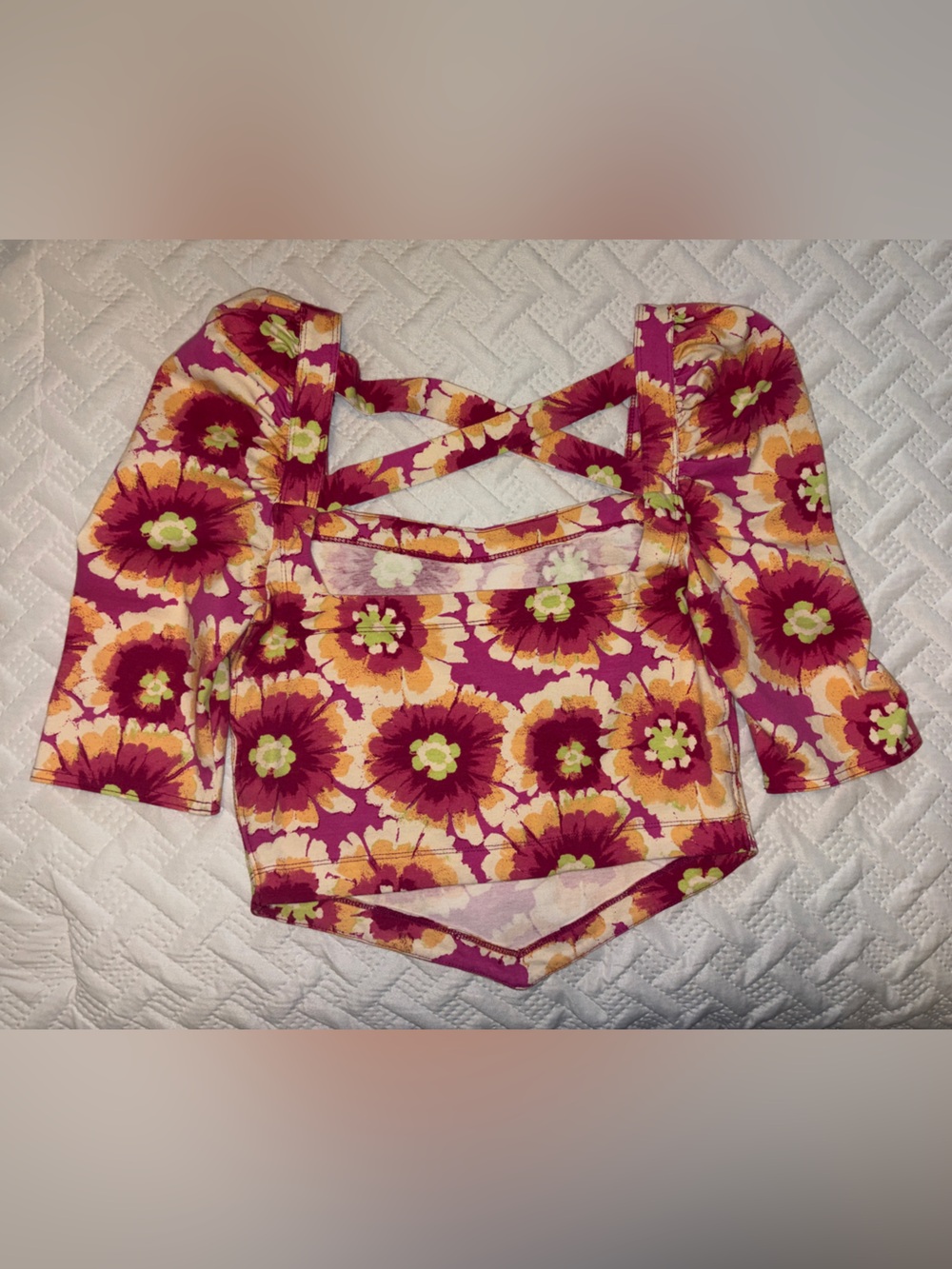 Free People | Pink & Yellow Floral Puff-Sleeve Crop Top w/Open Crisscross Back - Picture 3 of 5